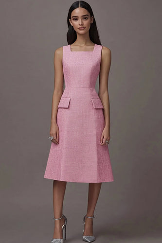 Pink Square Neck A Line Midi Work Dress with Pockets