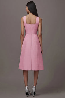 Pink Square Neck A Line Midi Work Dress with Pockets