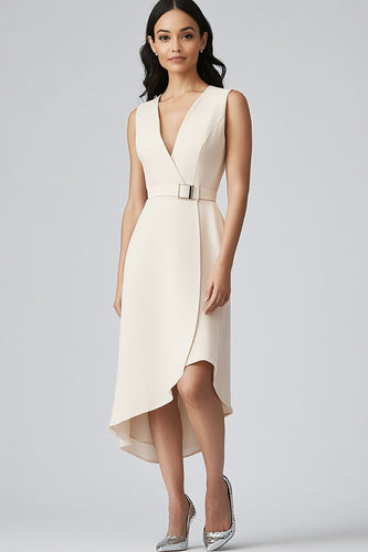 Champagne Sheath Satin V-Neck Midi Work Blazer Dress