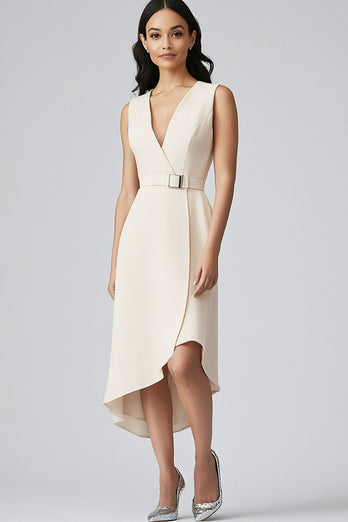 Champagne Sheath Satin V-Neck Midi Work Blazer Dress