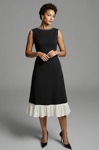 Black and White A Line Satin Midi Work Dress with Ruffles