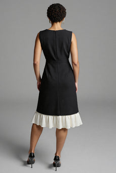 Black and White A Line Satin Midi Work Dress with Ruffles