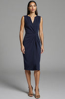Load image into Gallery viewer, Navy Bodycon Satin Ruched Midi Work Dress