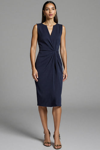Navy Bodycon Satin Ruched Midi Work Dress
