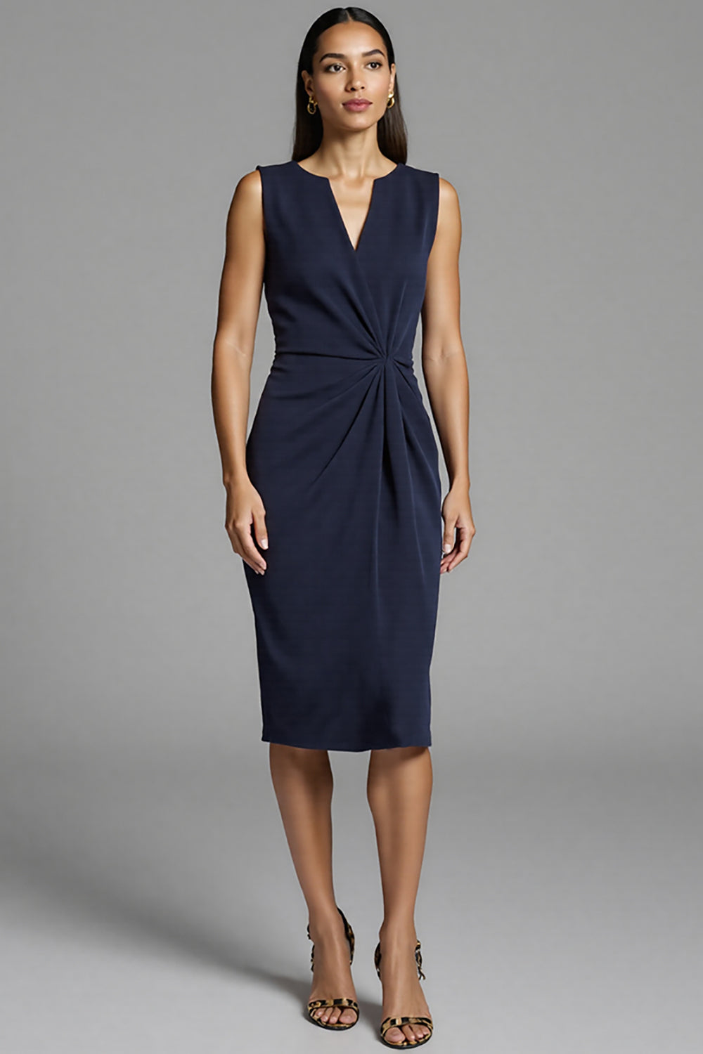 Navy Bodycon Satin Ruched Midi Work Dress