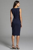 Load image into Gallery viewer, Navy Bodycon Satin Ruched Midi Work Dress