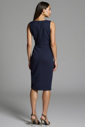 Navy Bodycon Satin Ruched Midi Work Dress