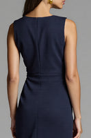 Load image into Gallery viewer, Navy Bodycon Satin Ruched Midi Work Dress