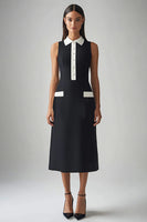 Load image into Gallery viewer, Black and White Satin Sheath Collar Neck Midi Work Dress