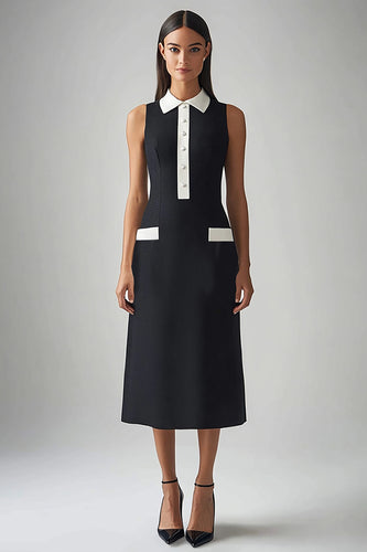 Black and White Satin Sheath Collar Neck Midi Work Dress