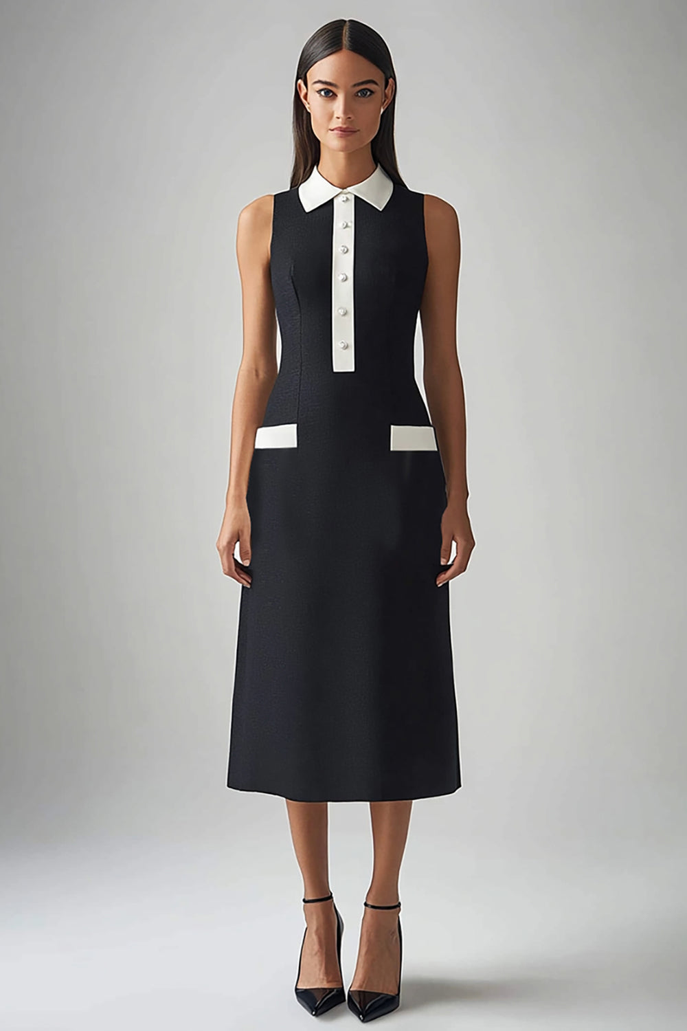 Black and White Satin Sheath Collar Neck Midi Work Dress
