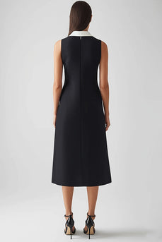 Black and White Satin Sheath Collar Neck Midi Work Dress