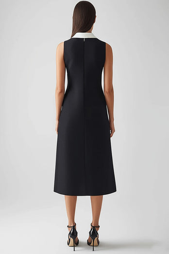 Black and White Satin Sheath Collar Neck Midi Work Dress