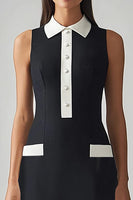 Load image into Gallery viewer, Black and White Satin Sheath Collar Neck Midi Work Dress