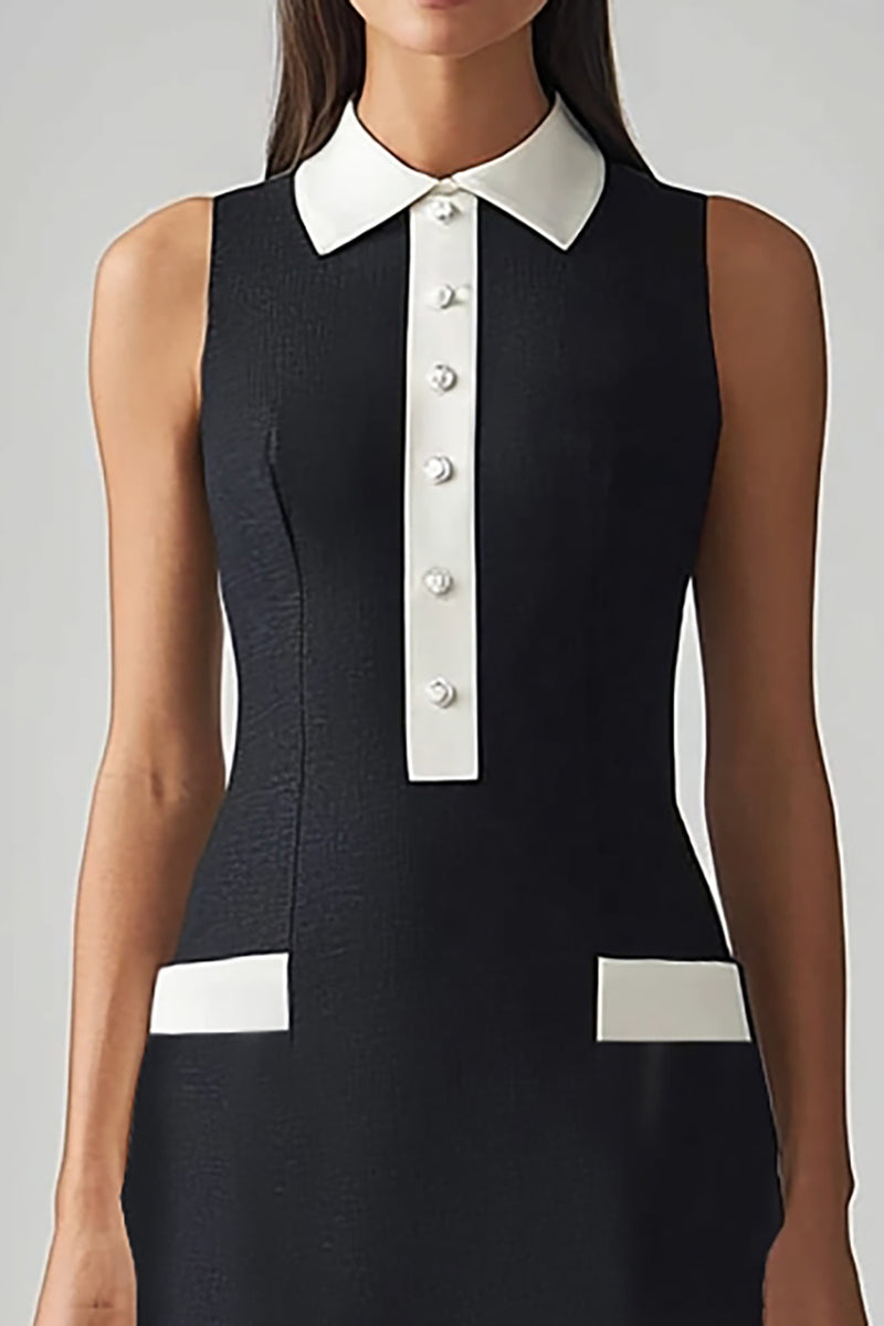 Load image into Gallery viewer, Black and White Satin Sheath Collar Neck Midi Work Dress