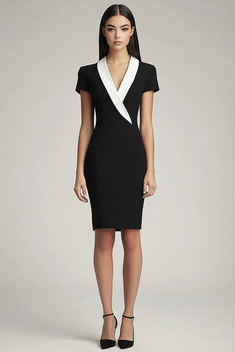 Black and White Bodycon Shawl Lapel Short Satin Work Blazer Dress