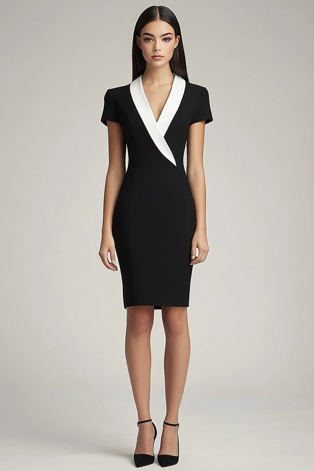 Black and White Bodycon Shawl Lapel Short Satin Work Blazer Dress