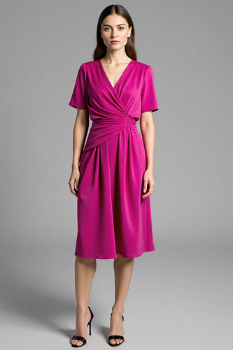 Fuchsia Satin V-Neck Ruched Midi Work Dress with Sleeves