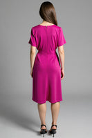 Load image into Gallery viewer, Fuchsia Satin V-Neck Ruched Midi Work Dress with Sleeves