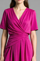 Load image into Gallery viewer, Fuchsia Satin V-Neck Ruched Midi Work Dress with Sleeves