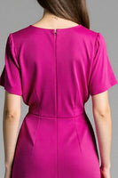 Load image into Gallery viewer, Fuchsia Satin V-Neck Ruched Midi Work Dress with Sleeves