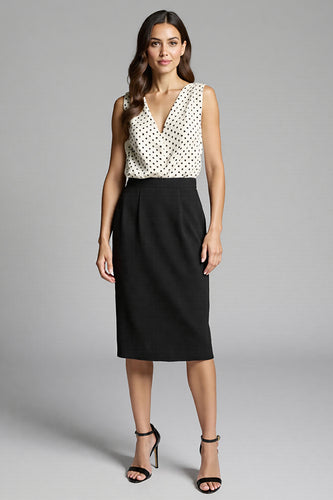 Black and White Satin Bodycon Polka Dot Midi Work Dress
