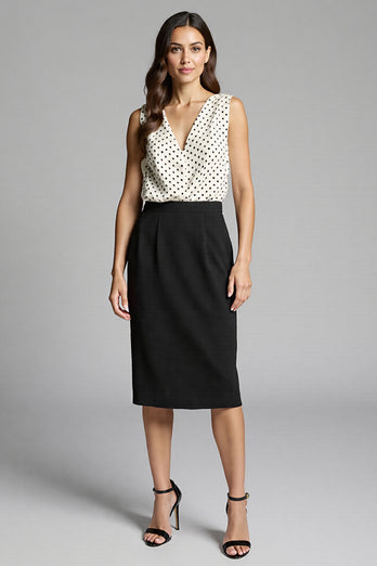 Black and White Satin Bodycon Polka Dot Midi Work Dress
