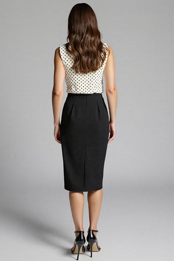 Black and White Satin Bodycon Polka Dot Midi Work Dress