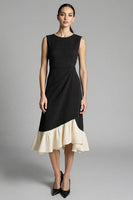 Load image into Gallery viewer, Black A Line Satin Midi Work Dress with Ruffles