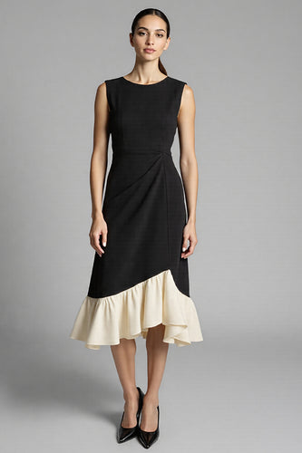 Black A Line Satin Midi Work Dress with Ruffles