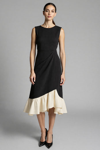 Black A Line Satin Midi Work Dress with Ruffles