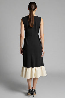 Black A Line Satin Midi Work Dress with Ruffles