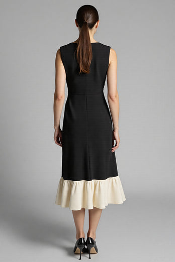 Black A Line Satin Midi Work Dress with Ruffles