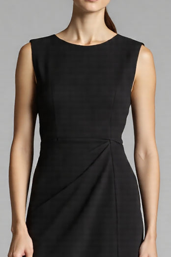 Black A Line Satin Midi Work Dress with Ruffles
