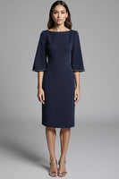 Load image into Gallery viewer, Navy Bodycon Satin Midi Work Dress with Sleeves