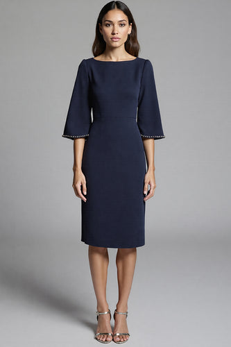 Navy Bodycon Satin Midi Work Dress with Sleeves