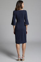 Load image into Gallery viewer, Navy Bodycon Satin Midi Work Dress with Sleeves