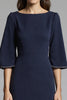 Load image into Gallery viewer, Navy Bodycon Satin Midi Work Dress with Sleeves