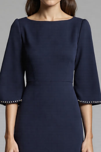 Navy Bodycon Satin Midi Work Dress with Sleeves