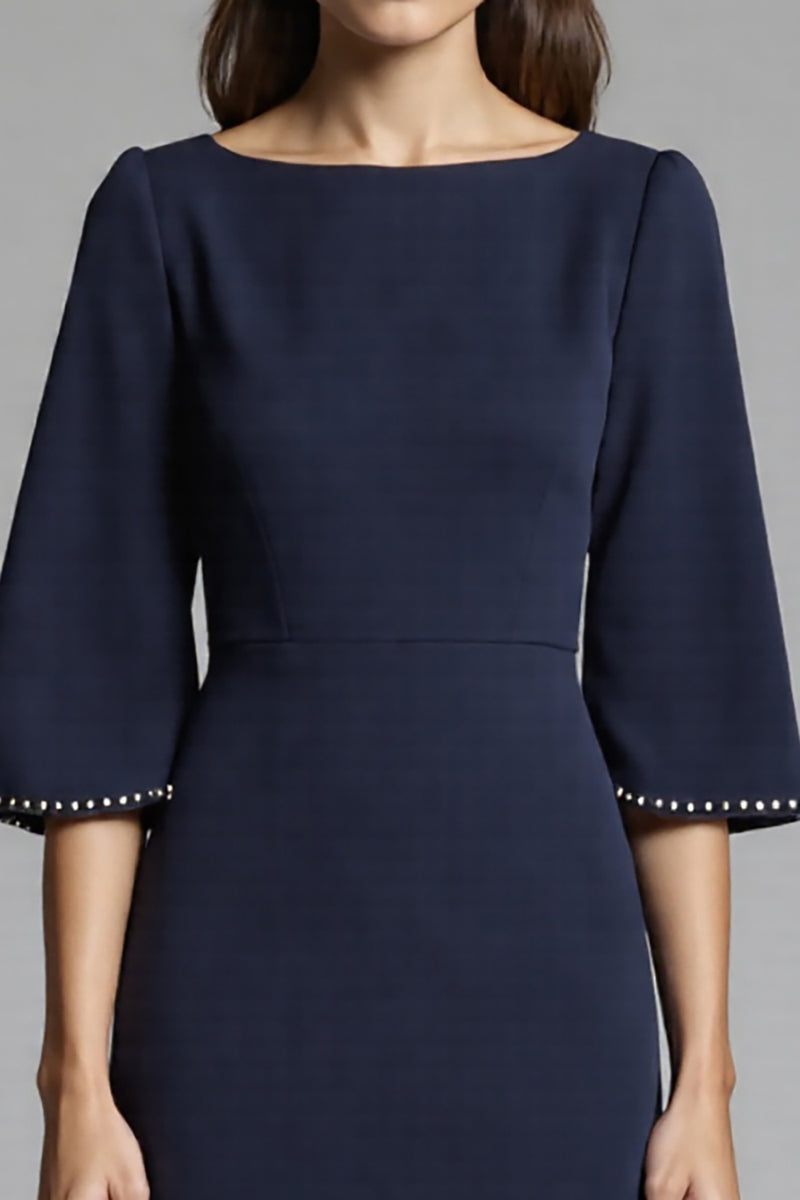 Load image into Gallery viewer, Navy Bodycon Satin Midi Work Dress with Sleeves