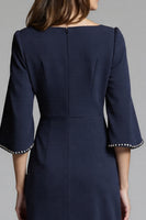 Load image into Gallery viewer, Navy Bodycon Satin Midi Work Dress with Sleeves