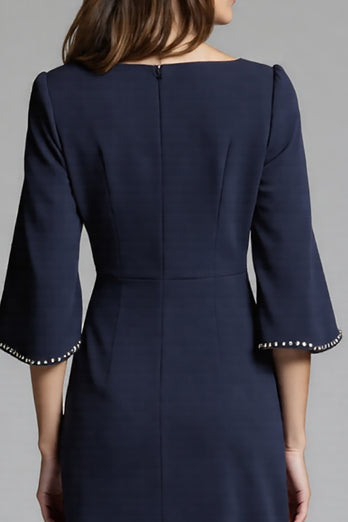 Navy Bodycon Satin Midi Work Dress with Sleeves