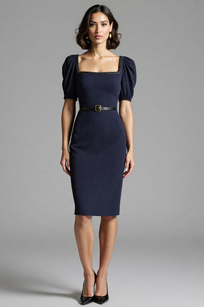 Navy Bodycon Satin Square Neck Midi Work Dress