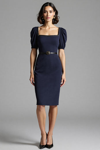 Navy Bodycon Satin Square Neck Midi Work Dress
