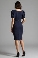 Load image into Gallery viewer, Navy Bodycon Satin Square Neck Midi Work Dress