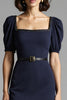 Load image into Gallery viewer, Navy Bodycon Satin Square Neck Midi Work Dress