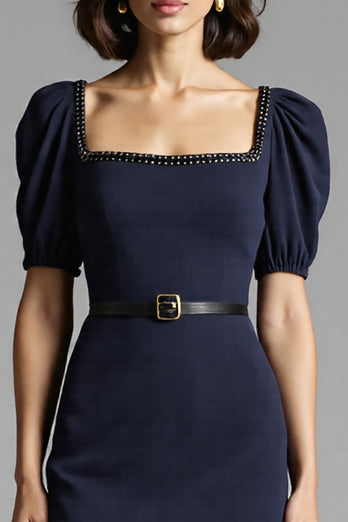 Navy Bodycon Satin Square Neck Midi Work Dress
