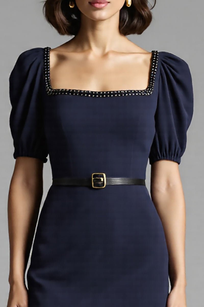 Load image into Gallery viewer, Navy Bodycon Satin Square Neck Midi Work Dress