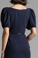 Load image into Gallery viewer, Navy Bodycon Satin Square Neck Midi Work Dress