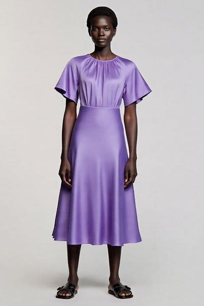 Purple A Line Satin Midi Work Dress with Sleeves